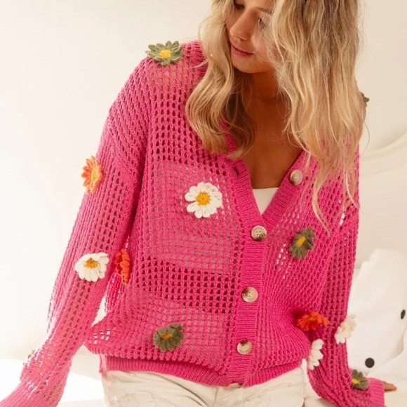 BiBi Flower Patches Open Knit Sweater Cardigan - Picture 8 of 16